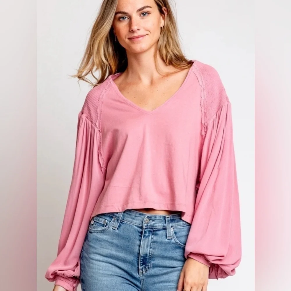 NWT Free People Kathy Boho Blouse in‎ Blush Rose, Long Sleeve Statement Top